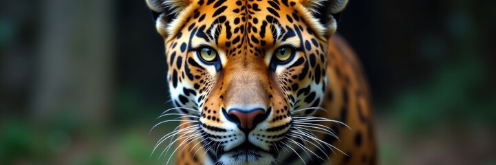 Obraz premium Piercing Gaze of the Jaguar A Close Up Portrait Revealing the Intricate Details of its Spotted Coat and Sharp Eyes Set Against a Forest Background
