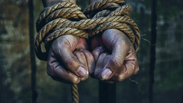 Bound hands with rope against a dark rustic background