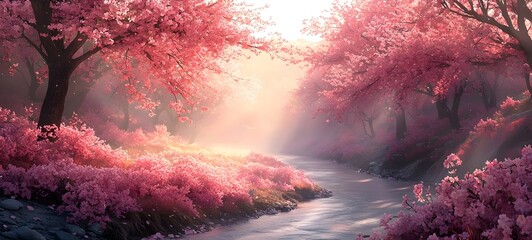 A serene landscape featuring a river meandering through a vibrant cherry blossom forest, bathed in soft pink hues as sunlight filters through the trees, creating a tranquil atmosphere.