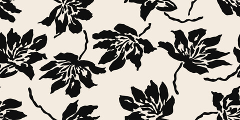 Minimalistic abstract floral pattern. Flower seamless background. Modern print in black and white. Ideal for textile design, fabric printing, wallpaper, covers, cards, posters. Vector illustrations.