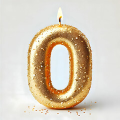 Golden candle number 0 in glitter texture isolated on white background