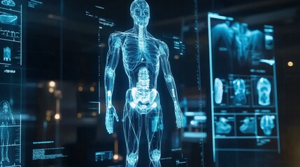 Digital human skeleton hologram display in futuristic medical analysis interface