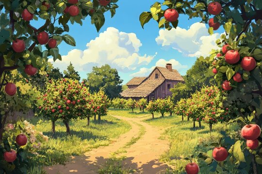 Rustic Farmhouse nestled amongst a vibrant apple orchard