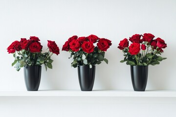 Elegant Arrangement of Red Roses in Black Vases on Shelf - Minimalist Home Decor Inspiration