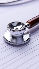 Detailed close-up of a stethoscope on lined medical notes for healthcare professionals.