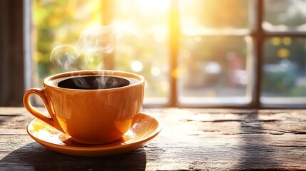 Obraz premium Steaming cup of black coffee on a rustic wooden table with morning light streaming in