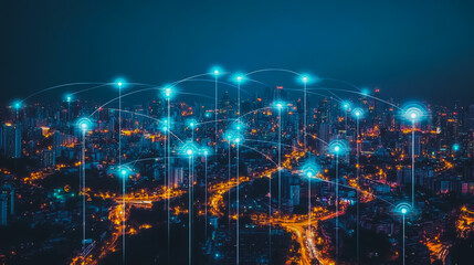 Smart digital city with connection cyber security network reciprocity over the cityscape . future smart wireless digital city and social media networking systems that connects people within the city