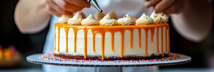 Pastry Chef Skillfully Ices a Delicious Cake, Adding Finishing Touches with Precision and Care