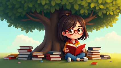 Cartoon girl reading book