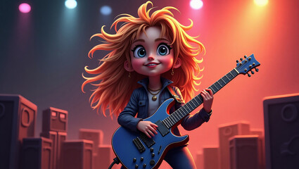 Cartoon girl rock star with guitar
