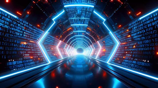 A futuristic tunnel illuminated with neon lights and binary code, suggesting advanced technology.