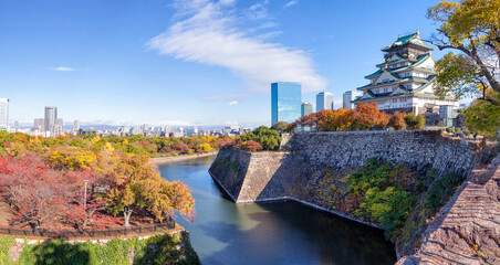 Osaka Castle main keep (Tenshu) on inner wall. Osaka Castle is a Japanese castle in Chuo ward in...