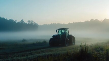 Fototapeta premium Tractor in Soft Morning Light Over Rural Landscape