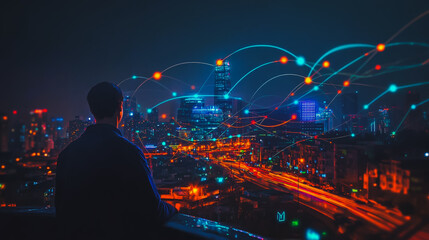 Obraz premium Smart digital city with connection cyber security network reciprocity over the cityscape . future smart wireless digital city and social media networking systems that connects people within the city