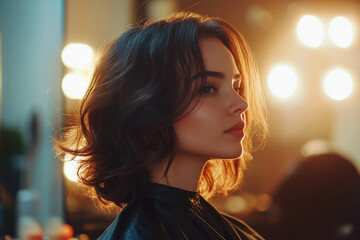 Fototapeta premium Portrait of a woman smiling after getting a stylish new haircut in a salon generative ai
