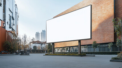 Obraz premium A minimalist blank advertising billboard mockup in a quiet urban area, surrounded by modern architecture and free from crowds.