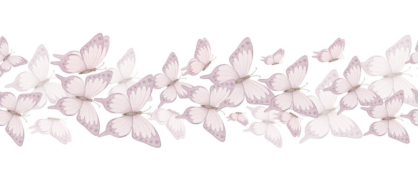 Fototapeta Watercolor Butterfly Border in pastel pink colors. Seamless Pattern with wings for wedding invitations or baby girl greeting cards and invitations. Feminine frame for scrapbooking, and stationery.