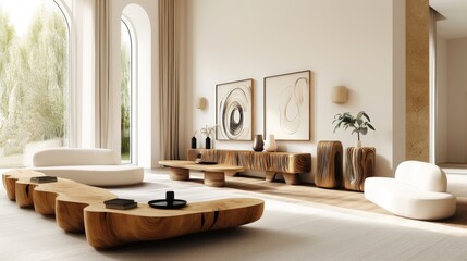 Stylish wooden cabinet and coffee table with decor, white sofas. Minimalist interior design of modern living room.. Wall with abstract art. 