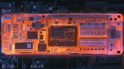 A cross-sectional visualization of a microchip, showcasing its multi-layered design with electrical pathways and processing units