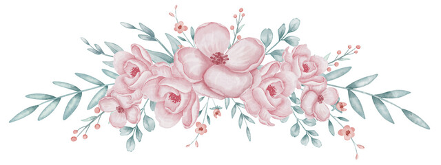 Pink Flowers with green branches and leaves for wedding invitations or baby birthday cards in pastel colors. Floral watercolor illustration with roses for childish design. Border for template.