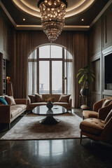 Fototapeta premium Living Room Interior with Arched Window, Sofas, and Chandelier