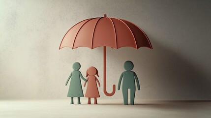 Family Under Red Umbrella in Soft Pastel Colors Representing Safety and Togetherness