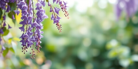 Delicate purple blossoms cascade down a vine, their bell-shaped petals gently swaying in the soft breeze, creating a breathtaking display of natural elegance.