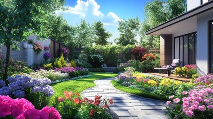 Fototapeta premium A clean minimalist house and a small, lush garden. The yard is filled with colorful flowers, a stone path, background wallpaper AI generated image