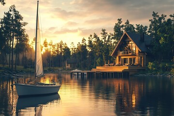Fototapeta premium 3D rendering of a sailboat docked at a wooden cabin on a lake, surrounded by pine trees