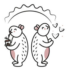 Two cute black line whimsical capybaras enjoy sunny day, vector doodle of trendy kawaii characters with a cup of mocha mousse and hearts, big friendly rodents for a postcard, fabric prints, etc.