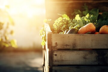 Freshly harvested vegetables in wooden crate, illuminated by war