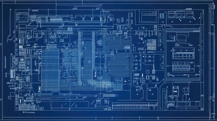 A detailed blueprint of a semiconductor microchip design, showing labeled circuits and components in a schematic layout