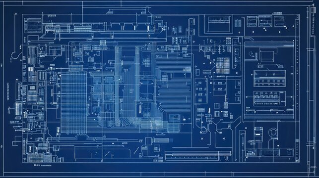 A detailed blueprint of a semiconductor microchip design, showing labeled circuits and components in a schematic layout