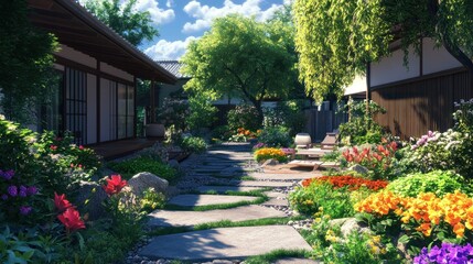 Naklejka premium A clean minimalist house and a small, lush garden. The yard is filled with colorful flowers, a stone path, background wallpaper AI generated image