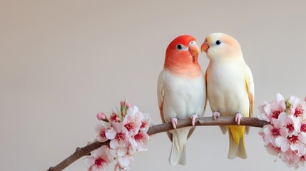 Obraz premium Romantic Pair of Lovebirds Perched on a Delicate Branch Surrounded by Beautiful Cherry Blossoms in Soft Natural Light