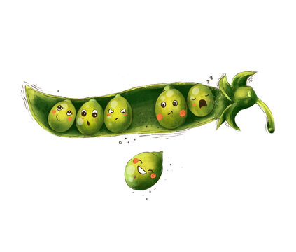 Watercolor cute peas cartoon character.  Clipart on white background. 