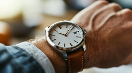Close-up of a hand adjusting a minimalist wristwatch with a white dial and brown leather strap