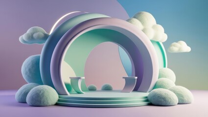 3D product display stage in pastel purple with clouds, space for product placement, Abstract colorful background, event stage, festival platform, celebration, podium