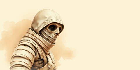 A hooded figure with a skeletal face and a partially concealed mask, suggesting an enigma, a mystery, or a past hidden beneath the surface.