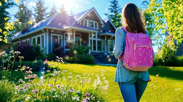 Girl with pink backpack enjoying a sunny day in a flower-filled garden near a cozy house
