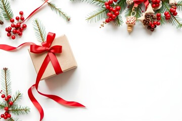 A festive scene featuring a gift box, red ribbon, and holiday decorations among greenery.