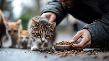 A person feeding a group of stray cats with dry food on a street, focusing on a tabby cat approaching the bowl