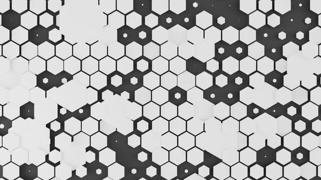 Looping 3d animation of an abstract background of many white hexagons above a black surface. The hexagons pulsate and change size.