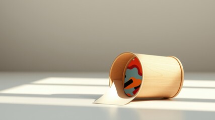 A Wooden Cylinder with an Abstract Design Sits on a Light Surface with a Shadow of Sunlight