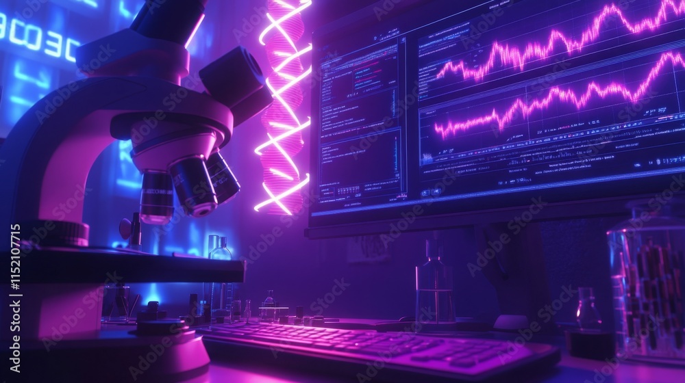 Poster A well-equipped lab showcases a microscope alongside a computer displaying dynamic graphs. Colorful neon lights illuminate the space, emphasizing the integration of biology and technology.