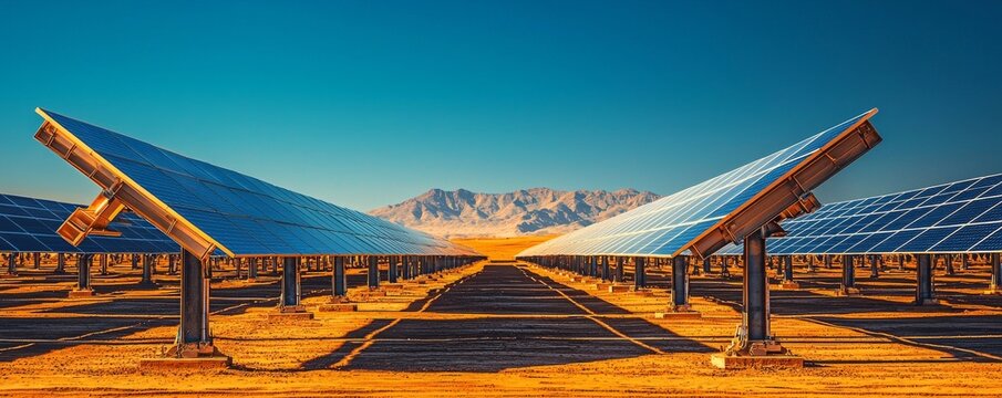 A vast solar farm with rows of solar panels under a clear blue sky, showcasing renewable energy amidst a desert landscape.