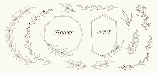 Minimalistic herbal botanical set of border. Collection of trendy hand drawn flowers. Frame. Single line art. clip art. Silhouette. Elements. Cut out. Speech bubbles. png. Circles textbox. Boho