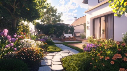 Obraz premium A clean minimalist house and a small, lush garden. The yard is filled with colorful flowers, a stone path, background wallpaper AI generated image