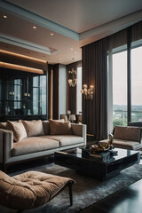 Fototapeta premium Contemporary Living Room with Beige Sofa and City View