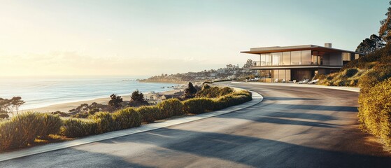 Fototapeta premium Low-rise contemporary office building off paved road overlooking quiet beach background wallpaper AI generated image